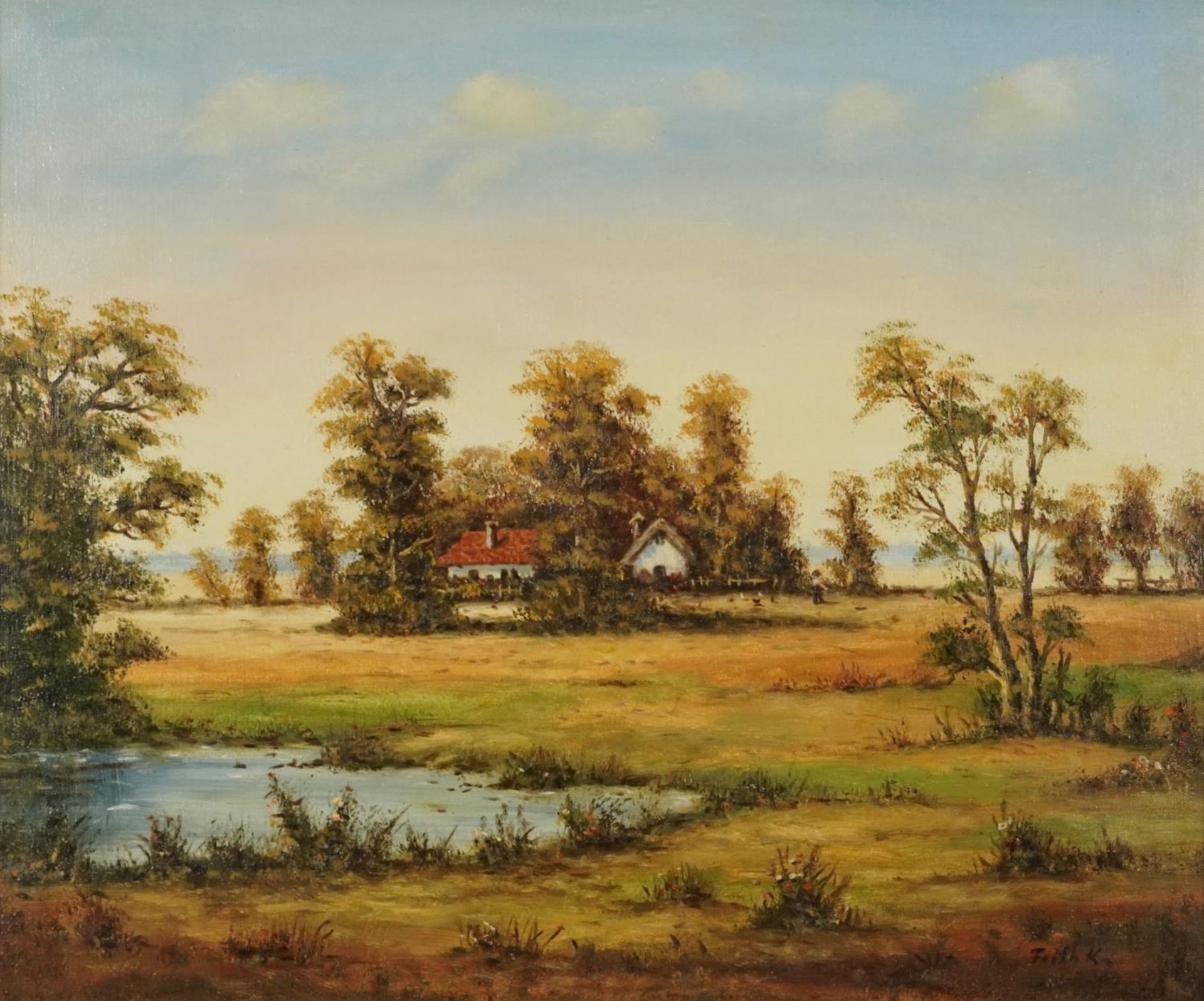 Rural landscape with cottage and lake, oil on canvas, indistinctly signed, mounted and framed, 59.