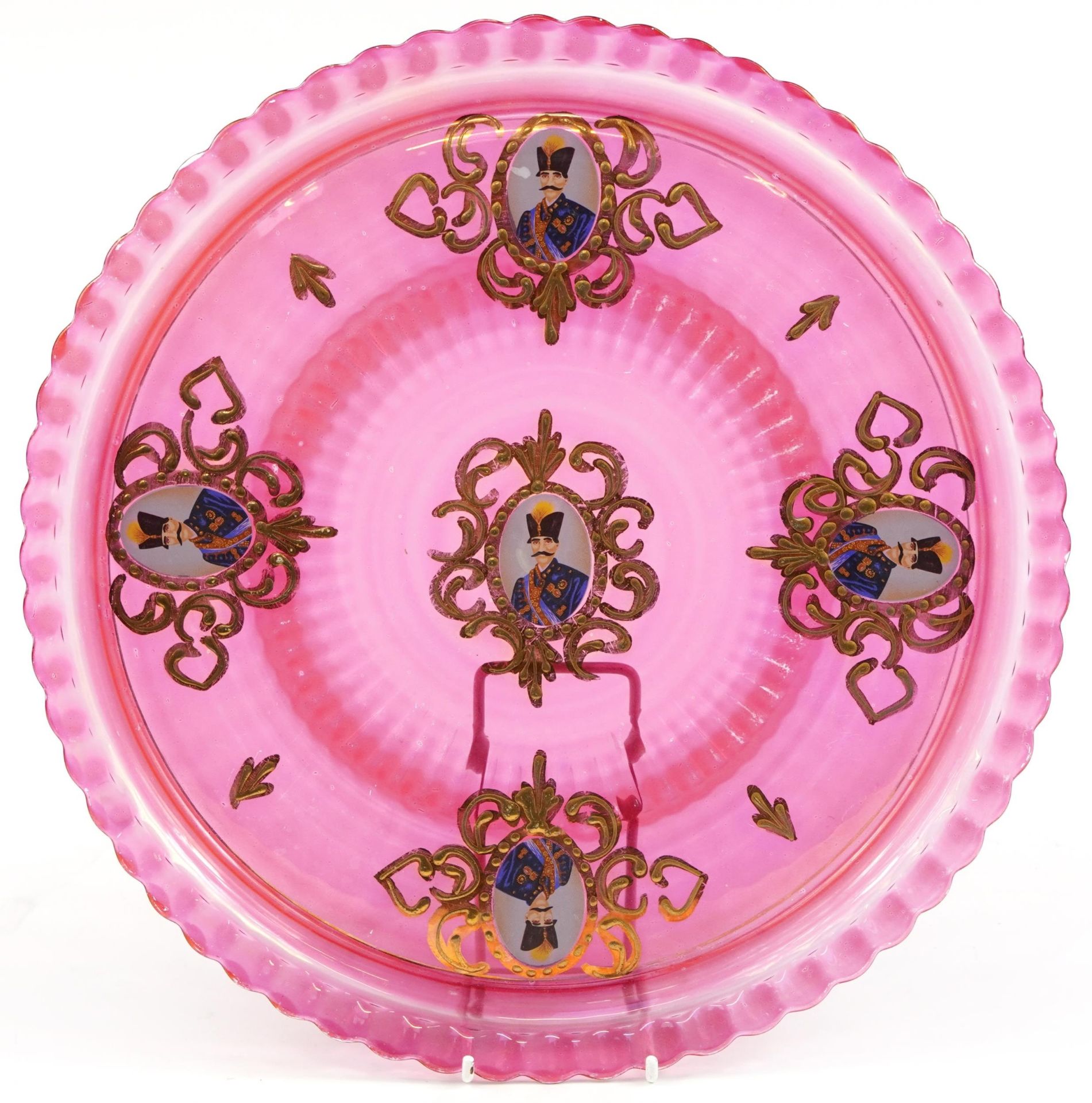 Bohemian cranberry class cabaret tray with portrait medallions, 32cm in diameter