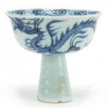 Chinese blue and white porcelain stem bowl hand painted with a dragon chasing a flaming pearl, 9cm
