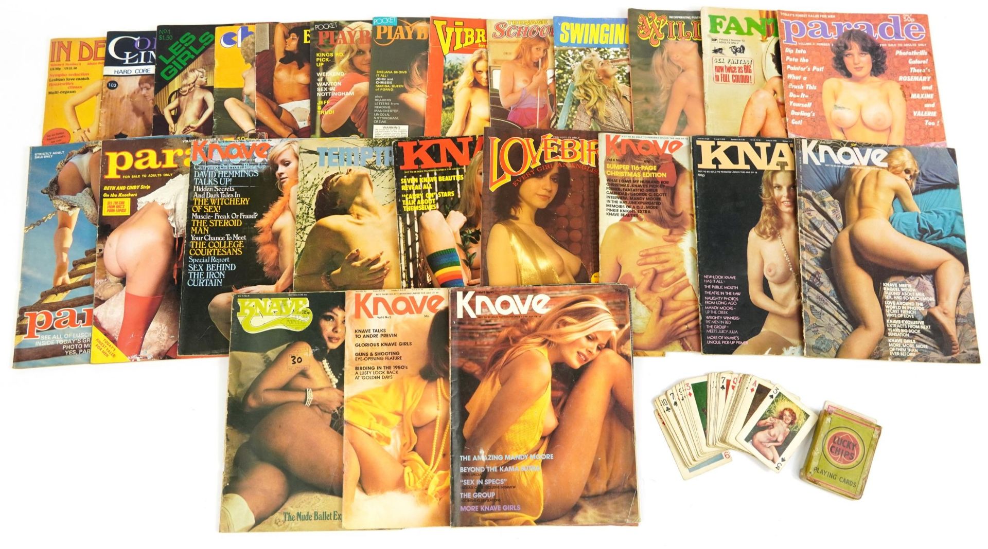 Collection of vintage adult erotic magazines including Play Birds, Fantasy, Parade, Wild Cats and