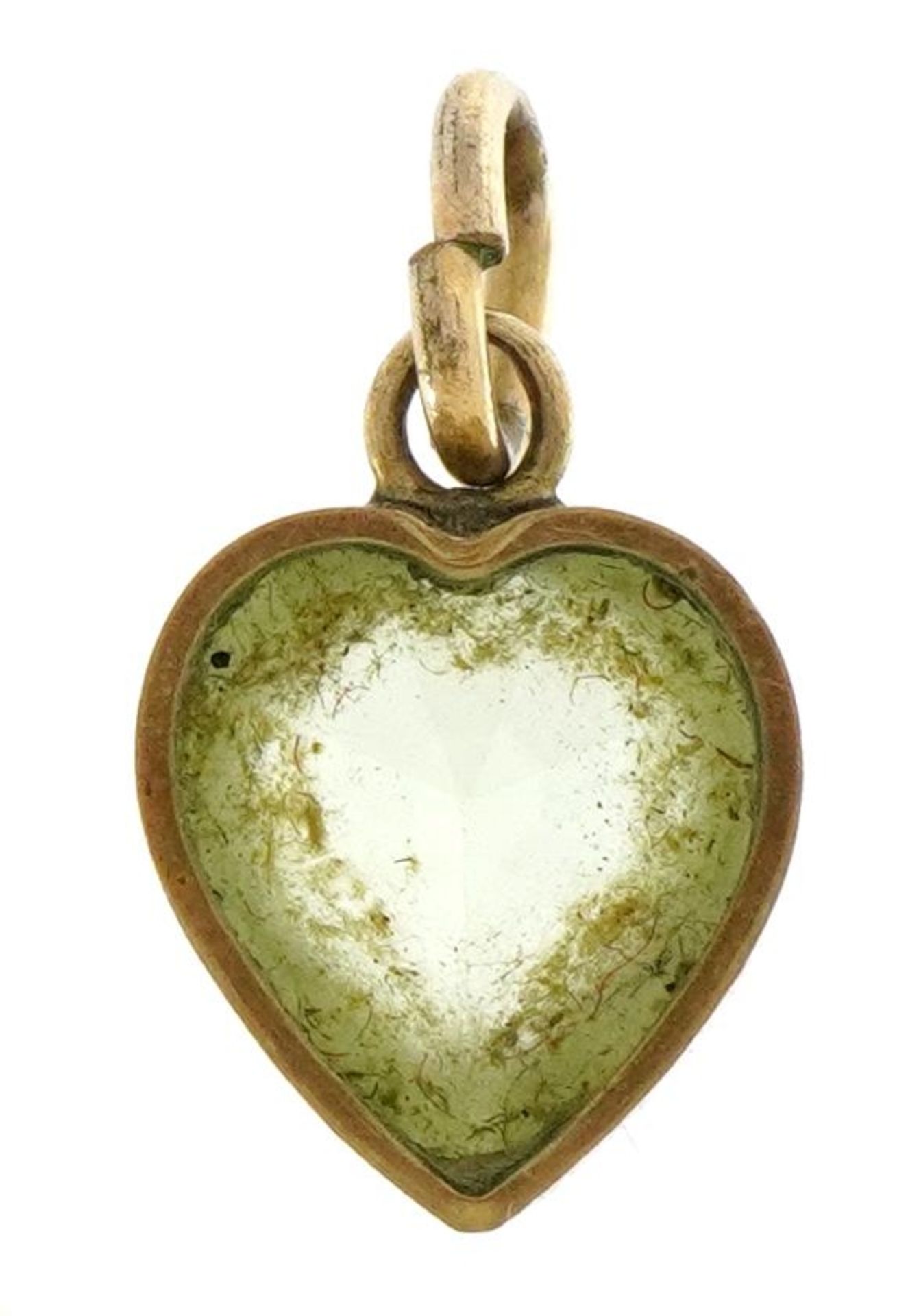 Unmarked gold green stone, possibly peridot, love heart pendant, 1.6cm high, 0.9g - Image 2 of 2