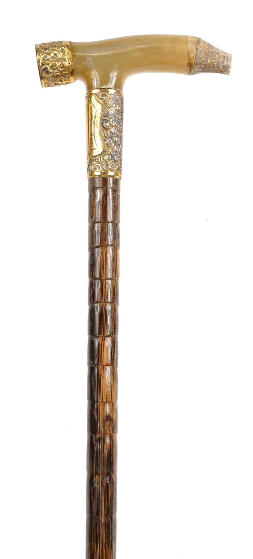 Bamboo walking stick with horn handle and gilt metal mounts, 90cm in length