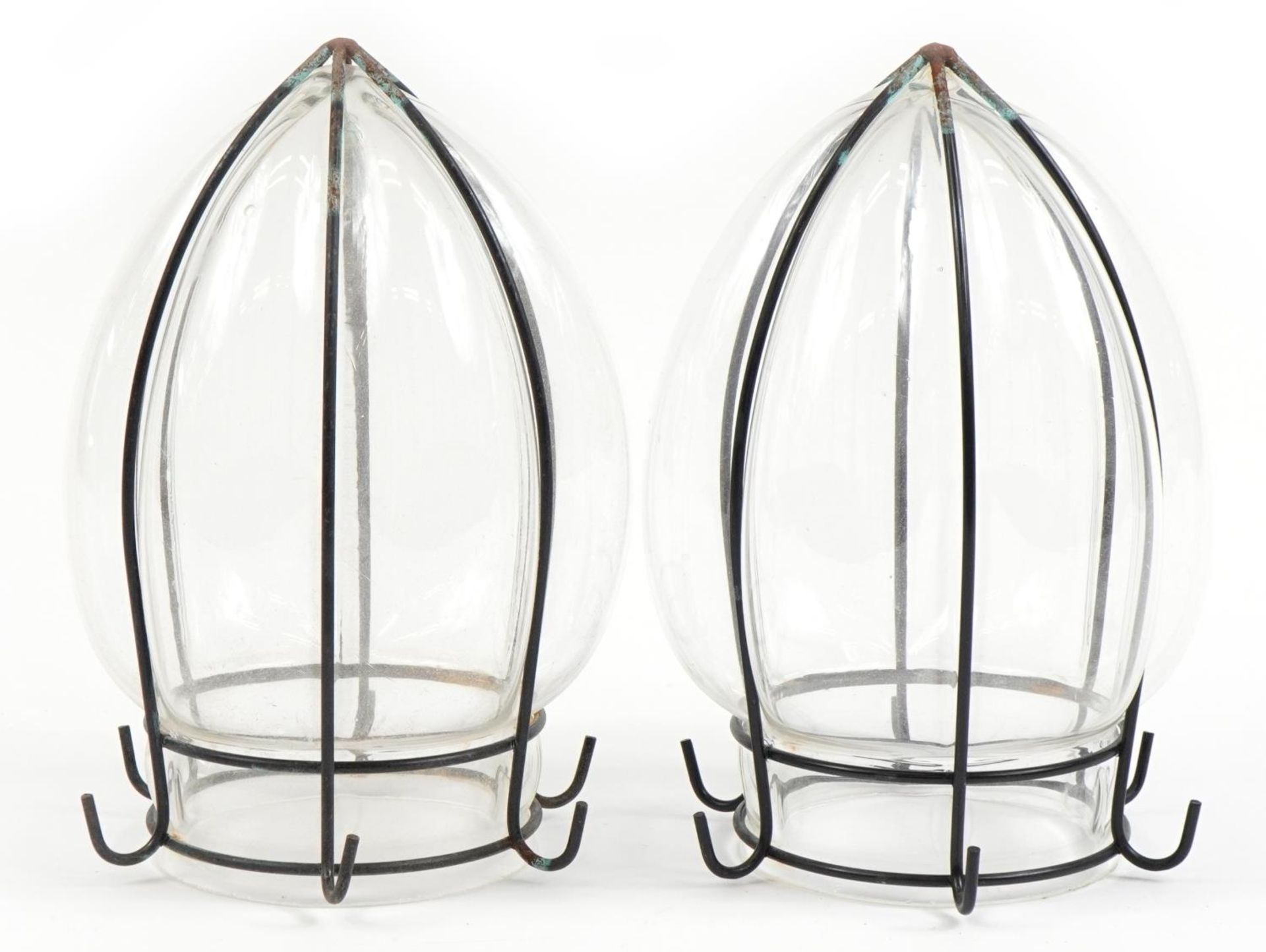 Pair of handblown glass light shades with wrought metal surround, 24cm high - Image 2 of 3