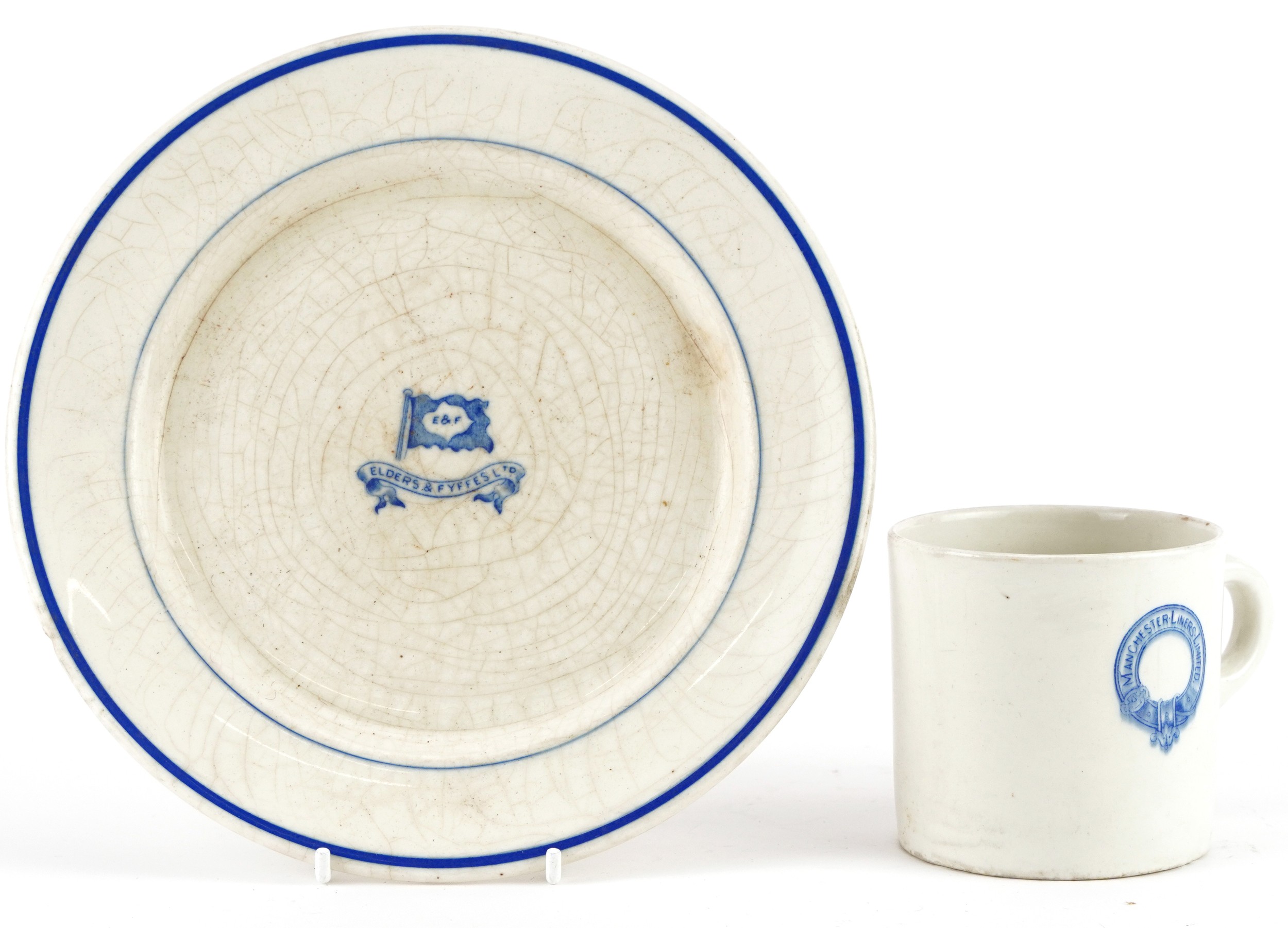 Shipping interest dinnerware comprising Manchester Liners Limited mug and Elders & Fyffes plate, the