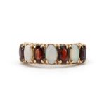 9ct gold opal and garnet seven stone ring, size L, 2.5g