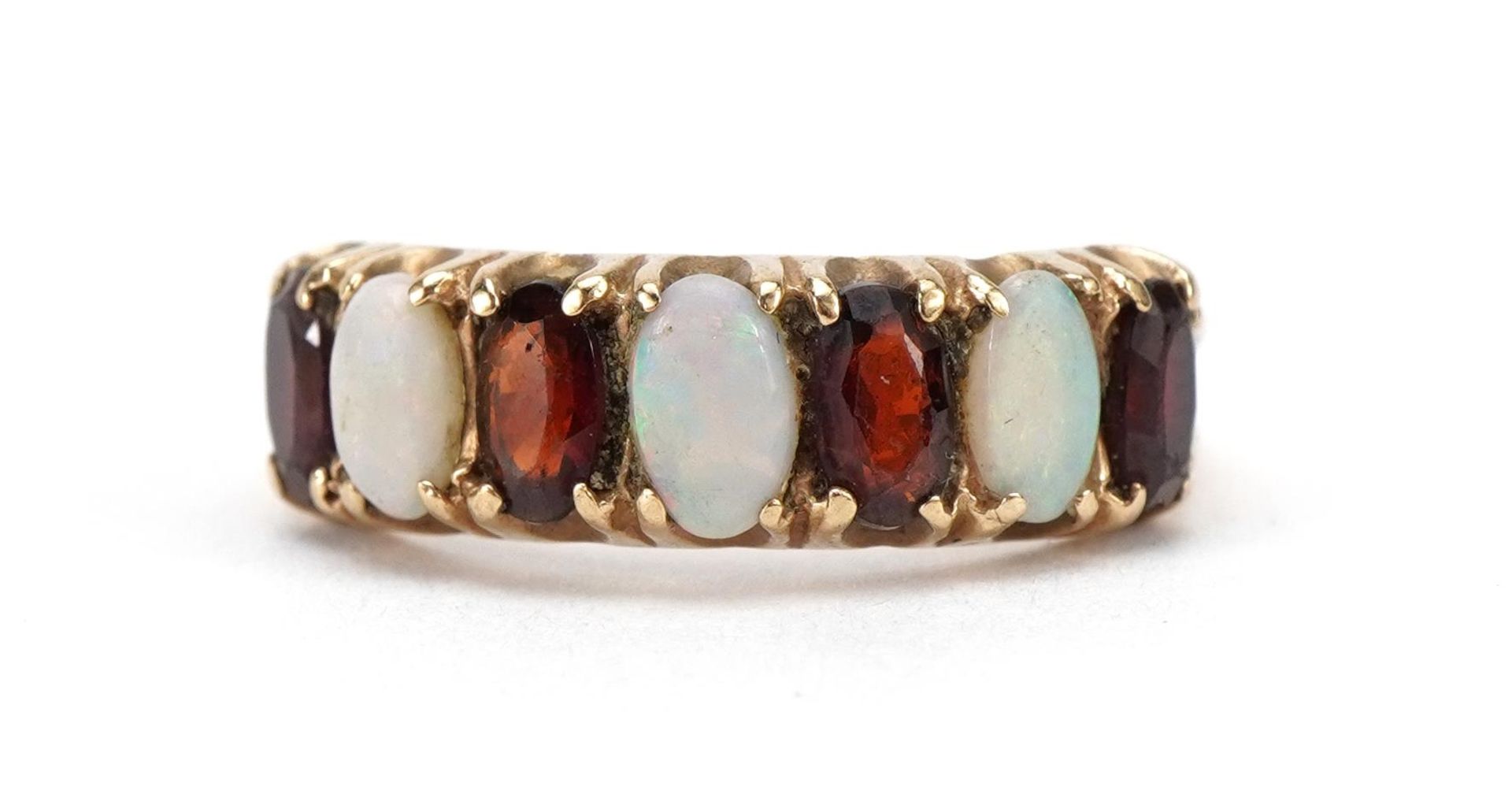 9ct gold opal and garnet seven stone ring, size L, 2.5g