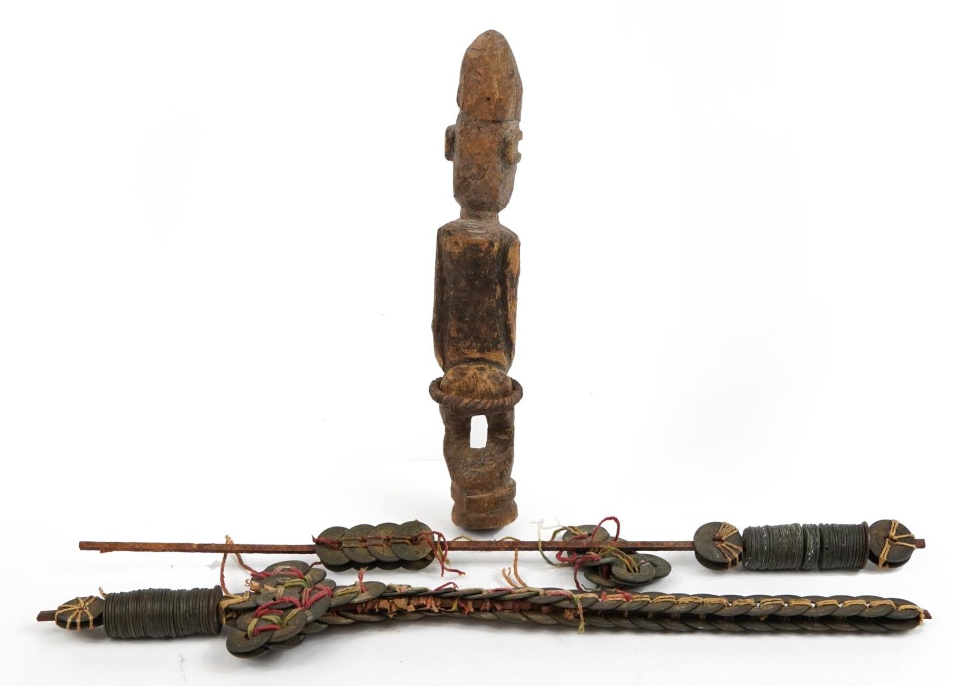 Tribal interest carved wood figure and two Chinese cash coins design swords, the largest 44cm in - Image 4 of 4