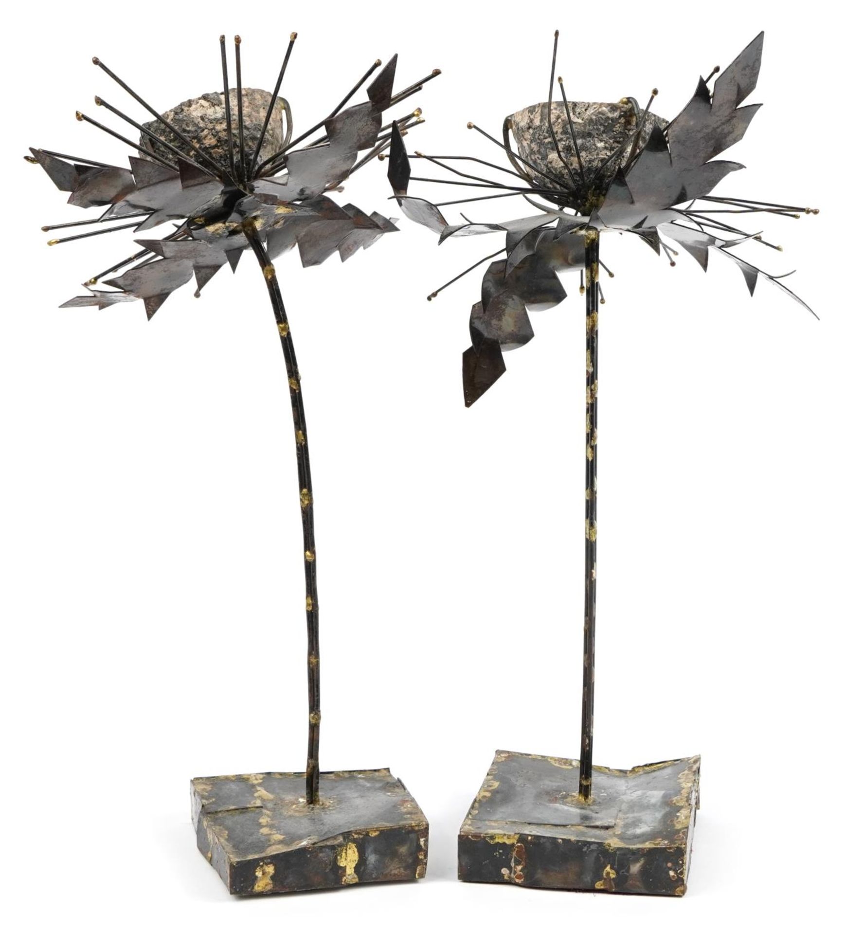 Pair of Modernist bronzed and amethyst geode flower sculptures, 46cm high - Image 3 of 4