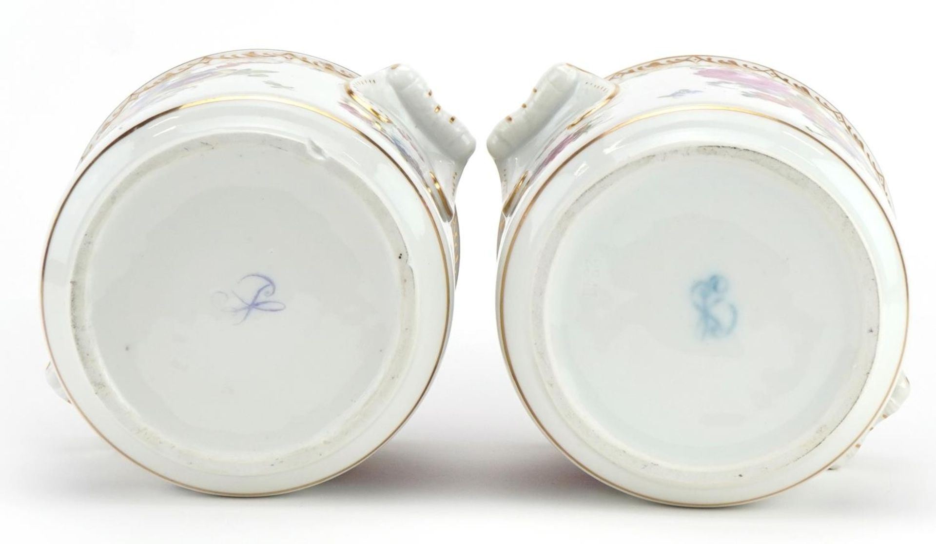 Augustus Rex, pair of German porcelain cache pots with twin handles, each hand painted with flowers, - Image 3 of 3