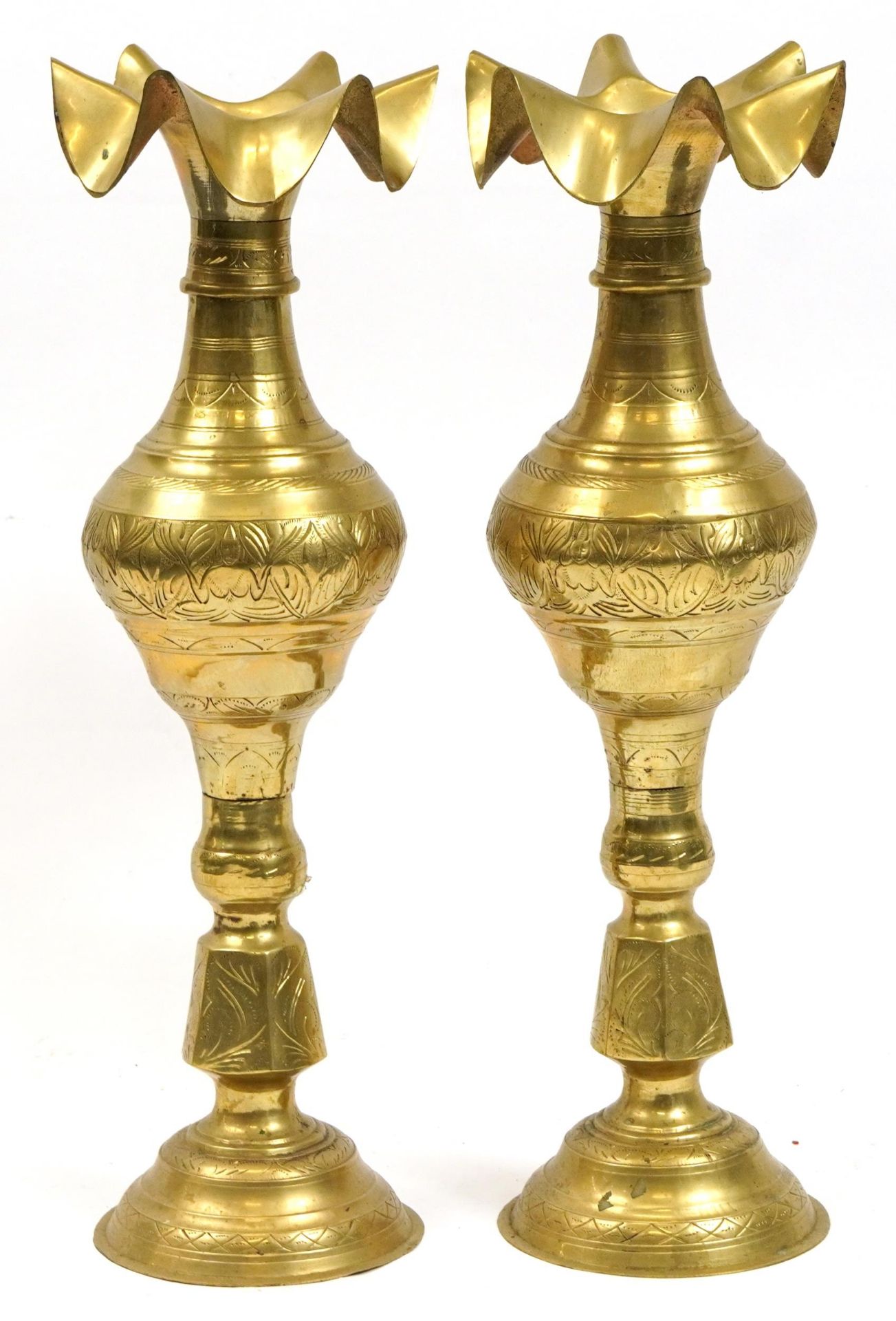 Pair of Indian floor standing brass vases with frilled rims engraved with flowers, each 76.5cm high - Image 2 of 3