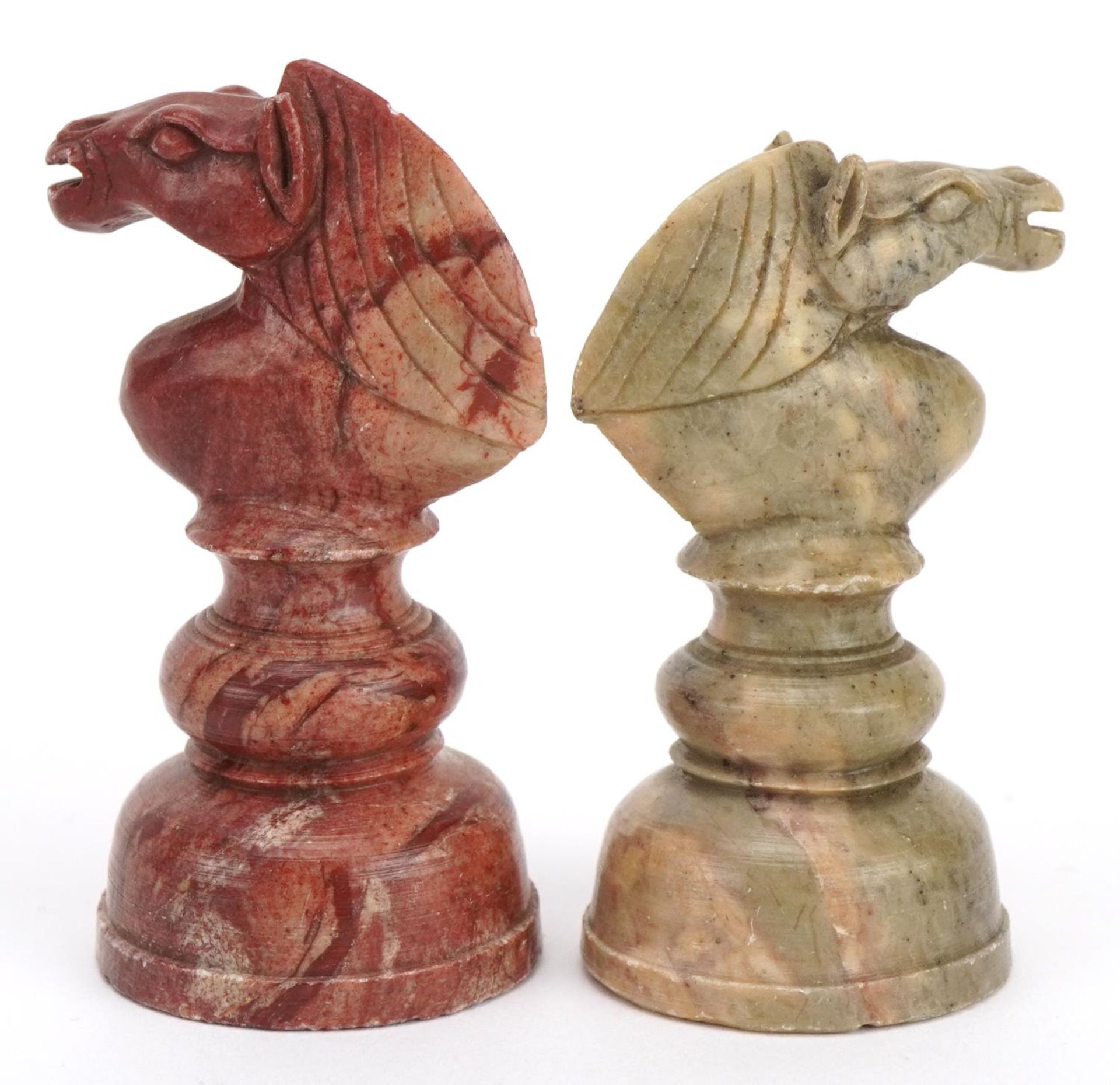Chinese carved soapstone chess set and draughts pieces housed in a pine box, the largest pieces 10. - Image 6 of 7