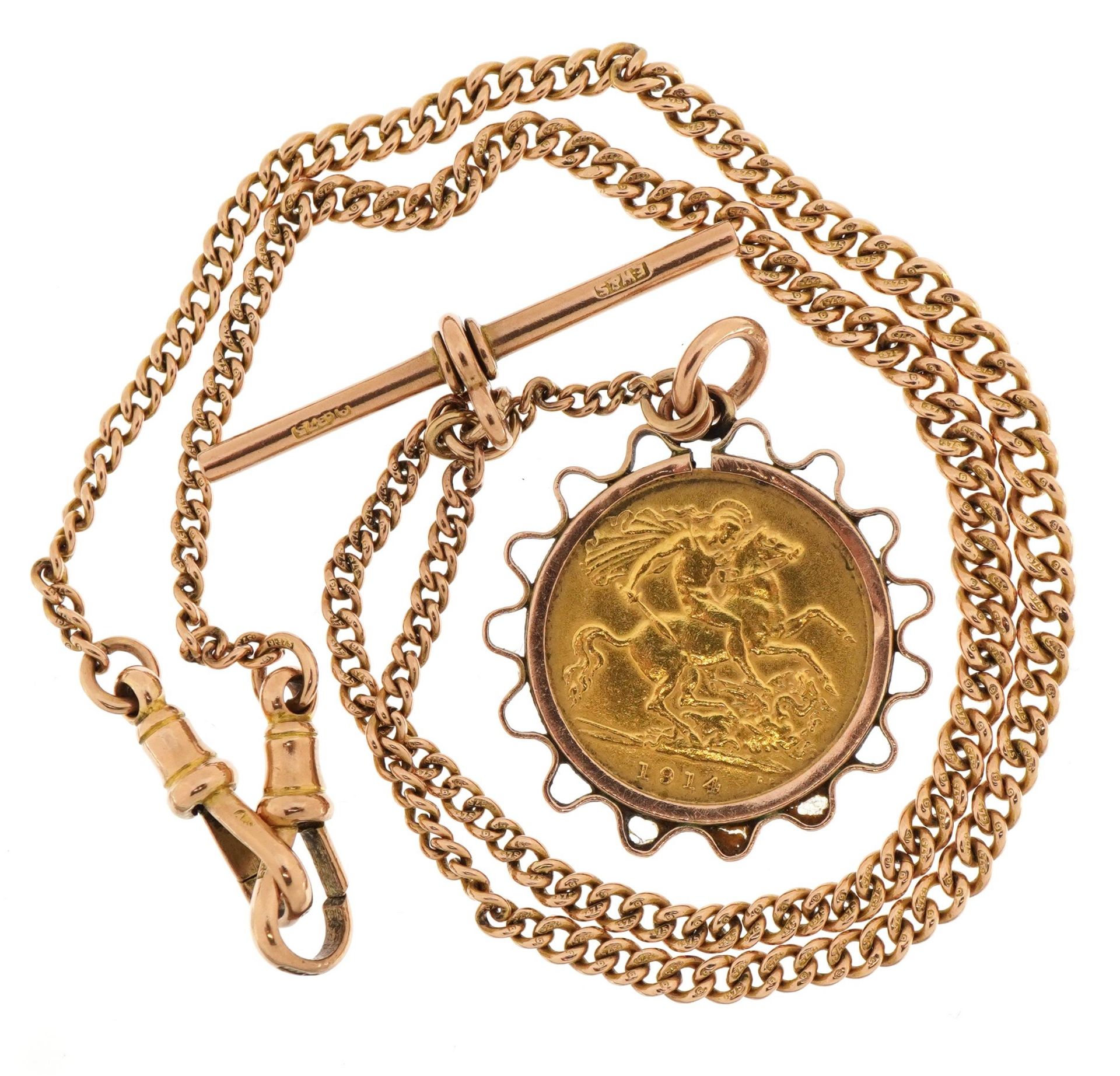 George V 1914 gold half sovereign in pendant mount on 9ct watch chain with T bar and two jewellery - Bild 2 aus 4