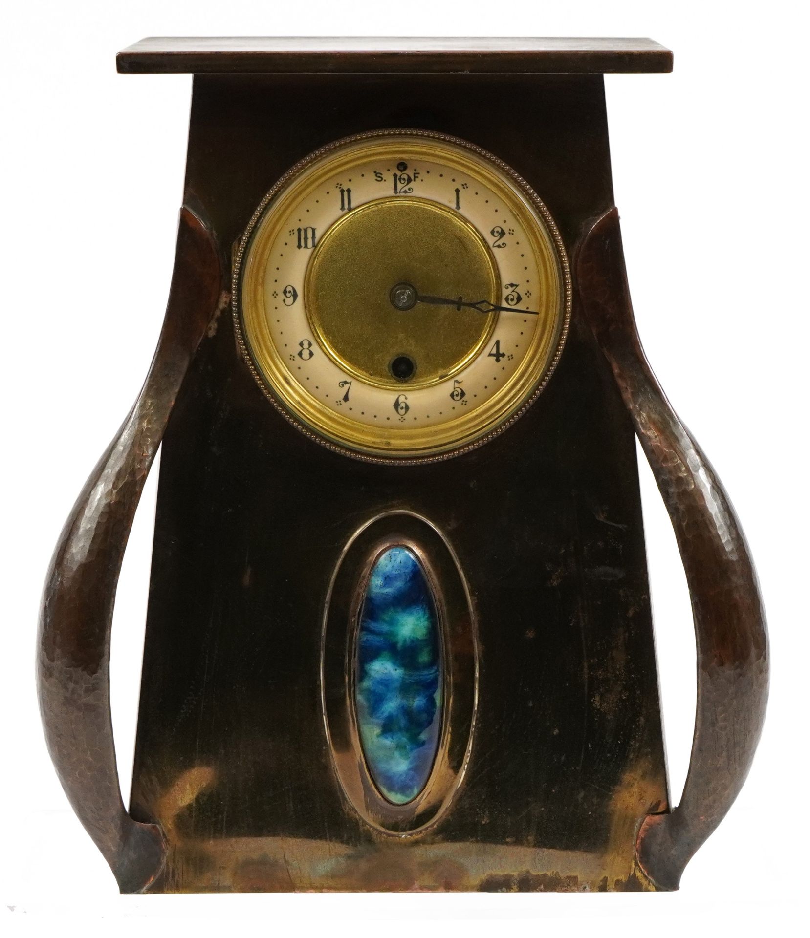 Arts & Crafts copper mantle clock with inset Ruskin type cabochon, the movement impressed Rex,