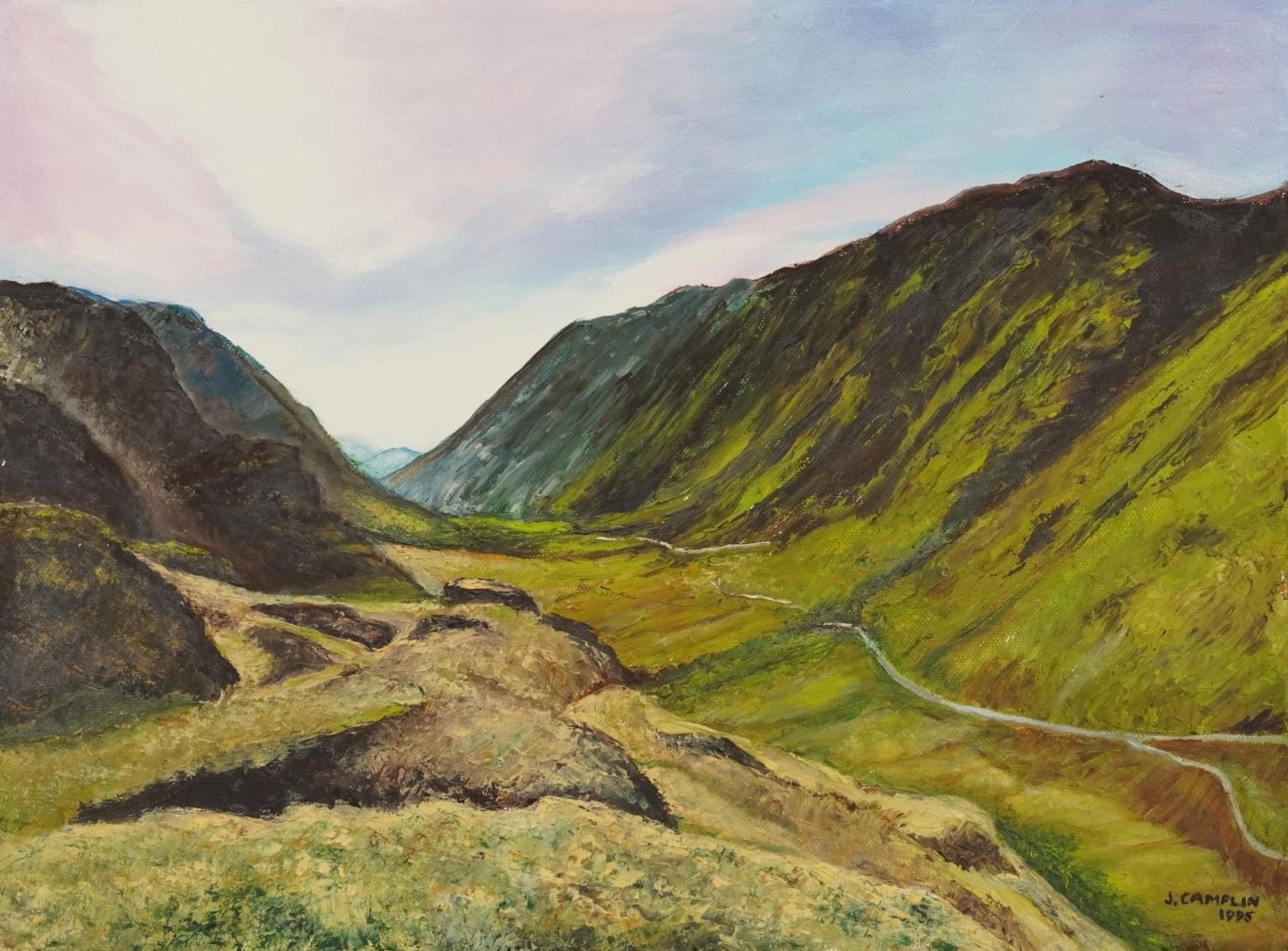 J Camplin 1995 - Glen Coe, mountainous Scottish landscape, signed oil on canvas, unframed, 41cm x