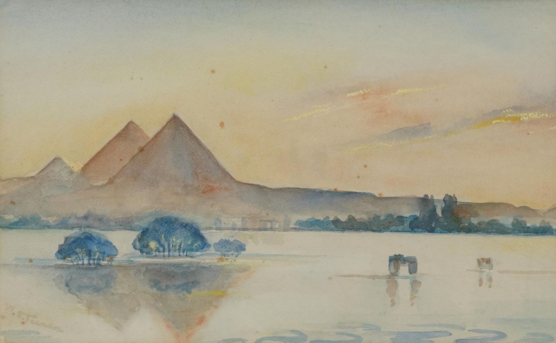 Pyramids and Quarry, two Middle Eastern school watercolours, each indistinctly signed, one partially - Image 6 of 10