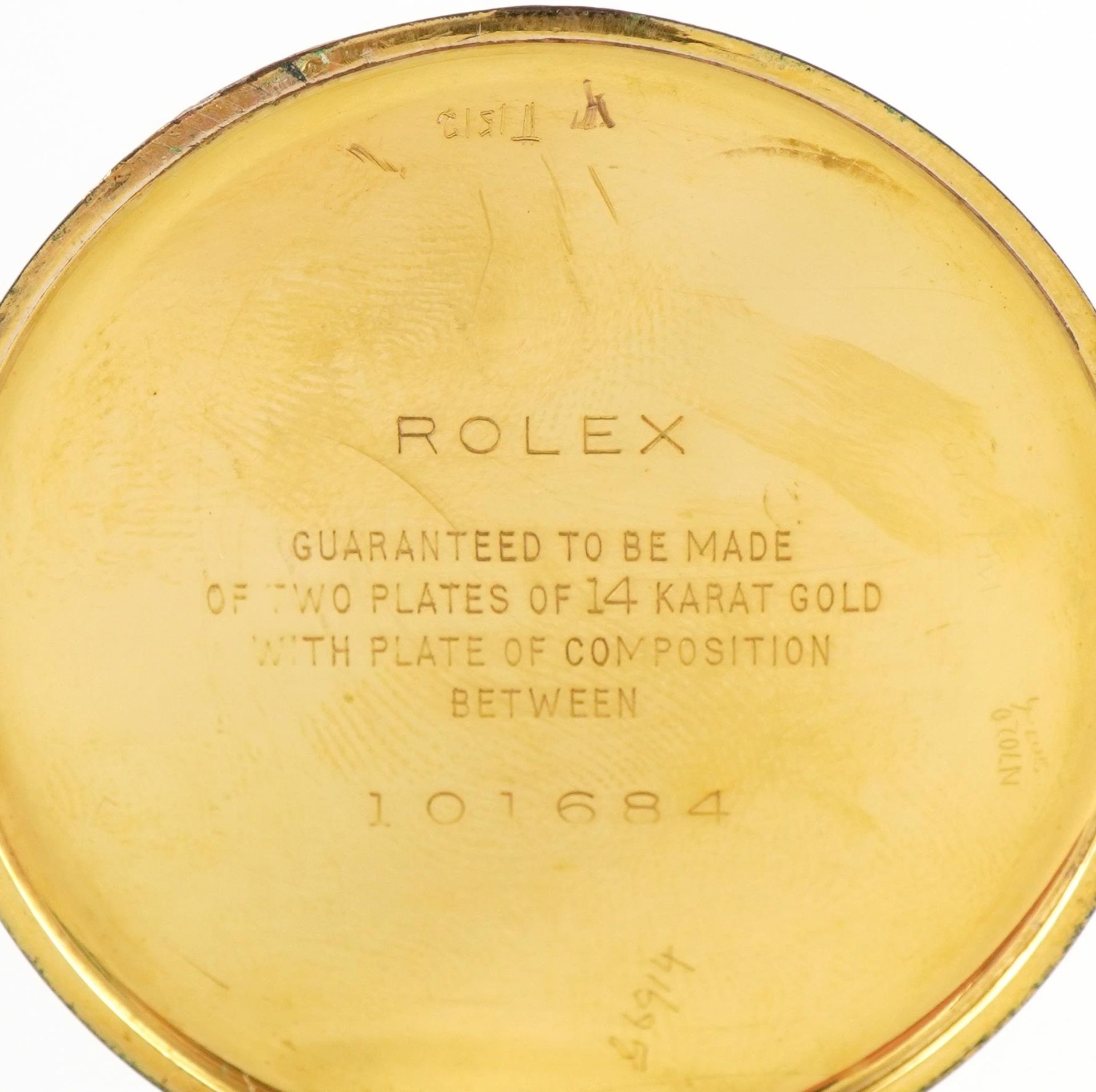 Rolex for C Bucherer, Lucerne, 14ct gold plated open face pocket watch with subsidiary dial, the - Image 5 of 5