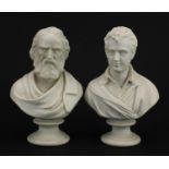 Two James and Thomas Bevington parian ware busts comprising Lord Byron and Longfellow, the largest