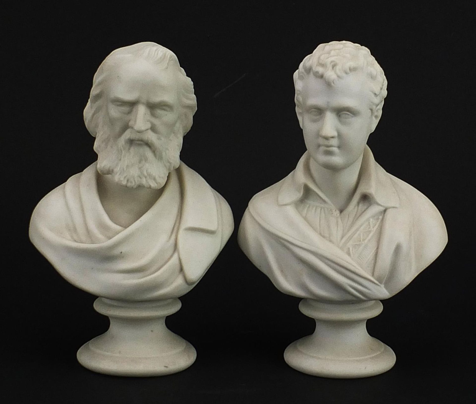 Two James and Thomas Bevington parian ware busts comprising Lord Byron and Longfellow, the largest