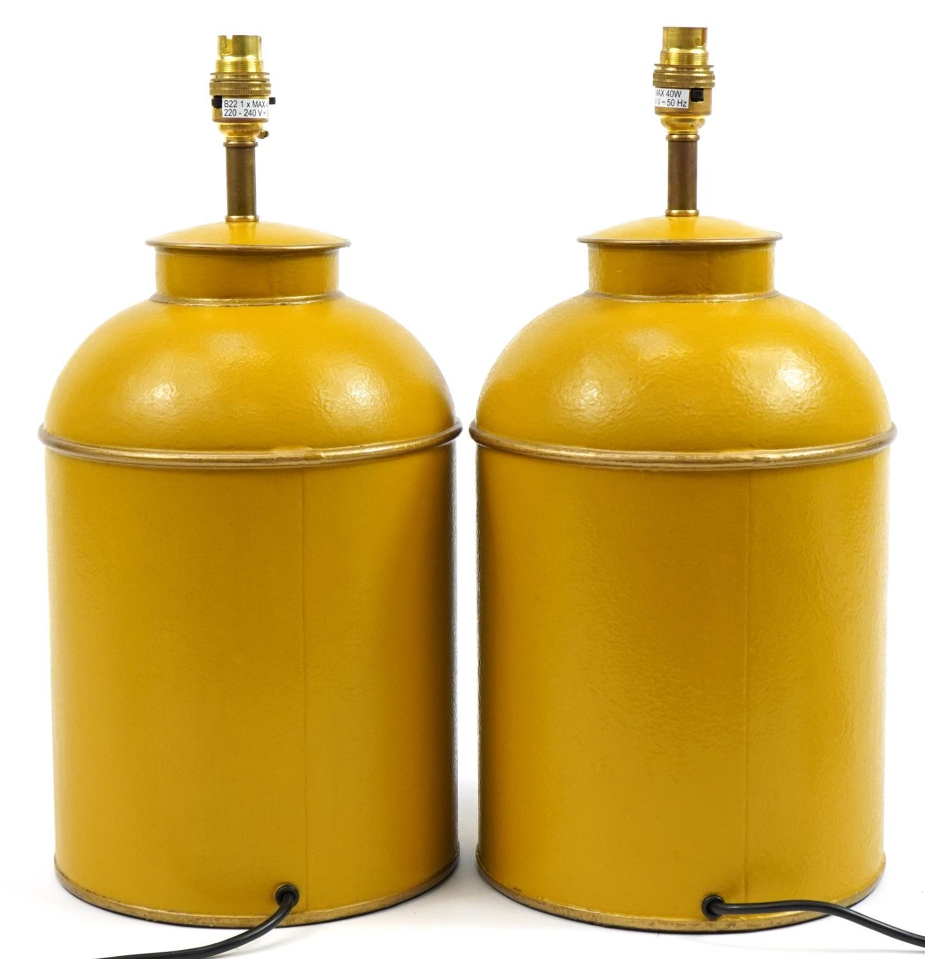 Pair of Toleware metal lamps, each hand painted with heraldic crests, each 45cm high including - Image 2 of 3