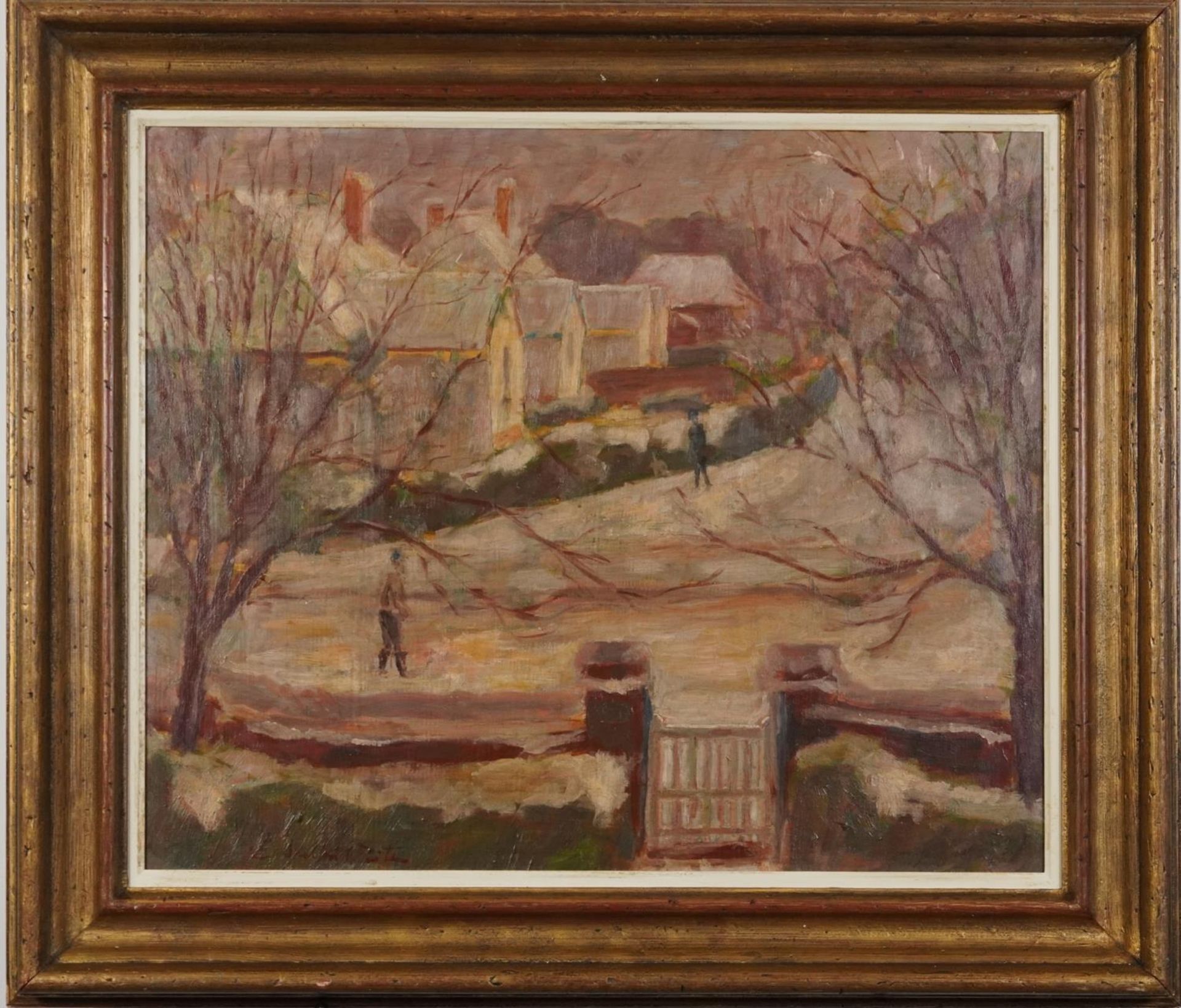 Winter street scene with two figures, oil on board, mounted and framed, 60cm x 49.5cm excluding - Image 2 of 4