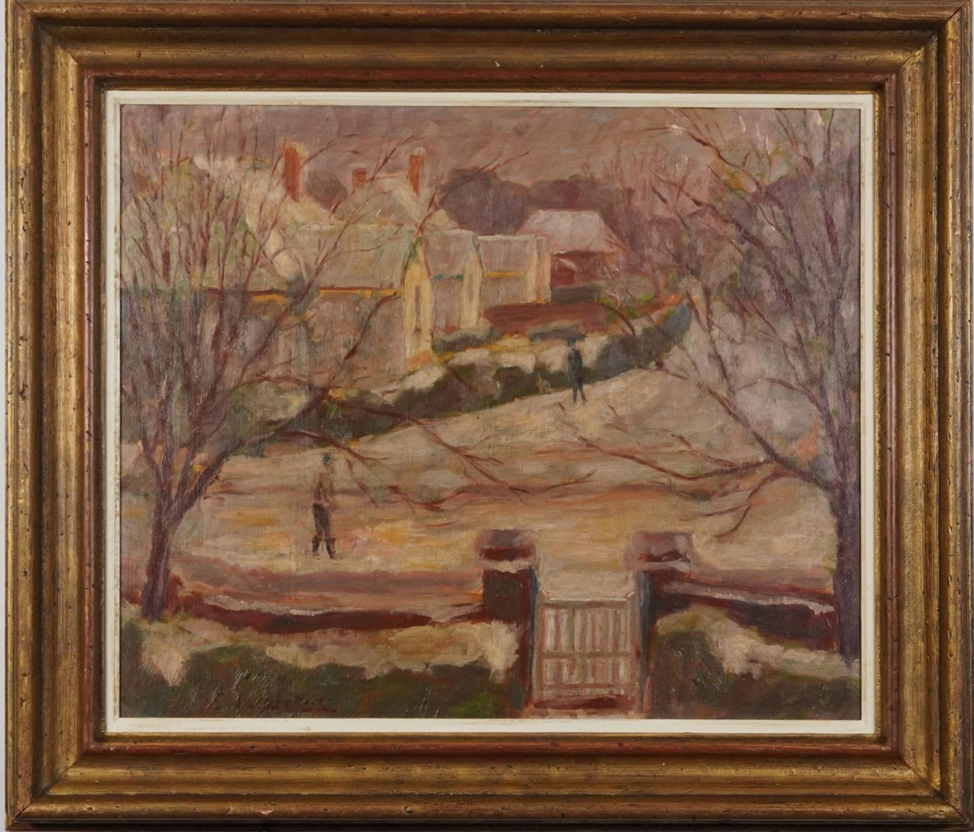 Winter street scene with two figures, oil on board, mounted and framed, 60cm x 49.5cm excluding - Bild 2 aus 4