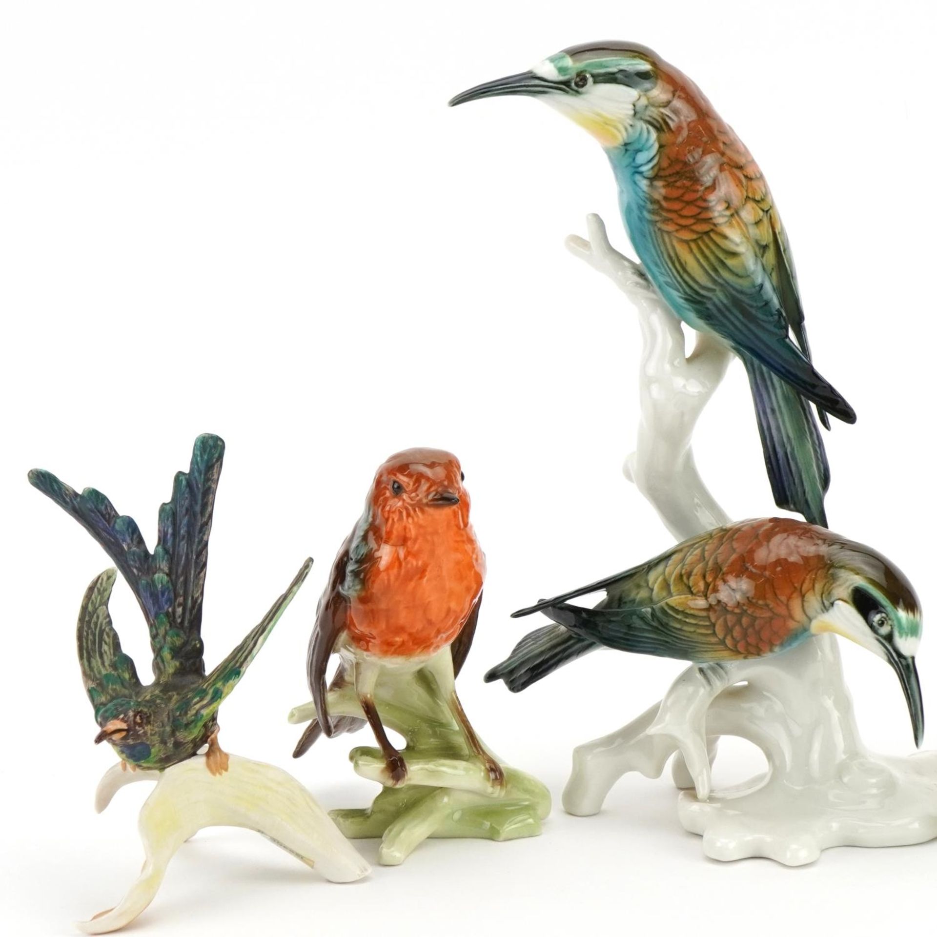 Five collectable porcelain bird groups comprising Karl Enz and Goebel, the largest 23cm high - Image 2 of 6