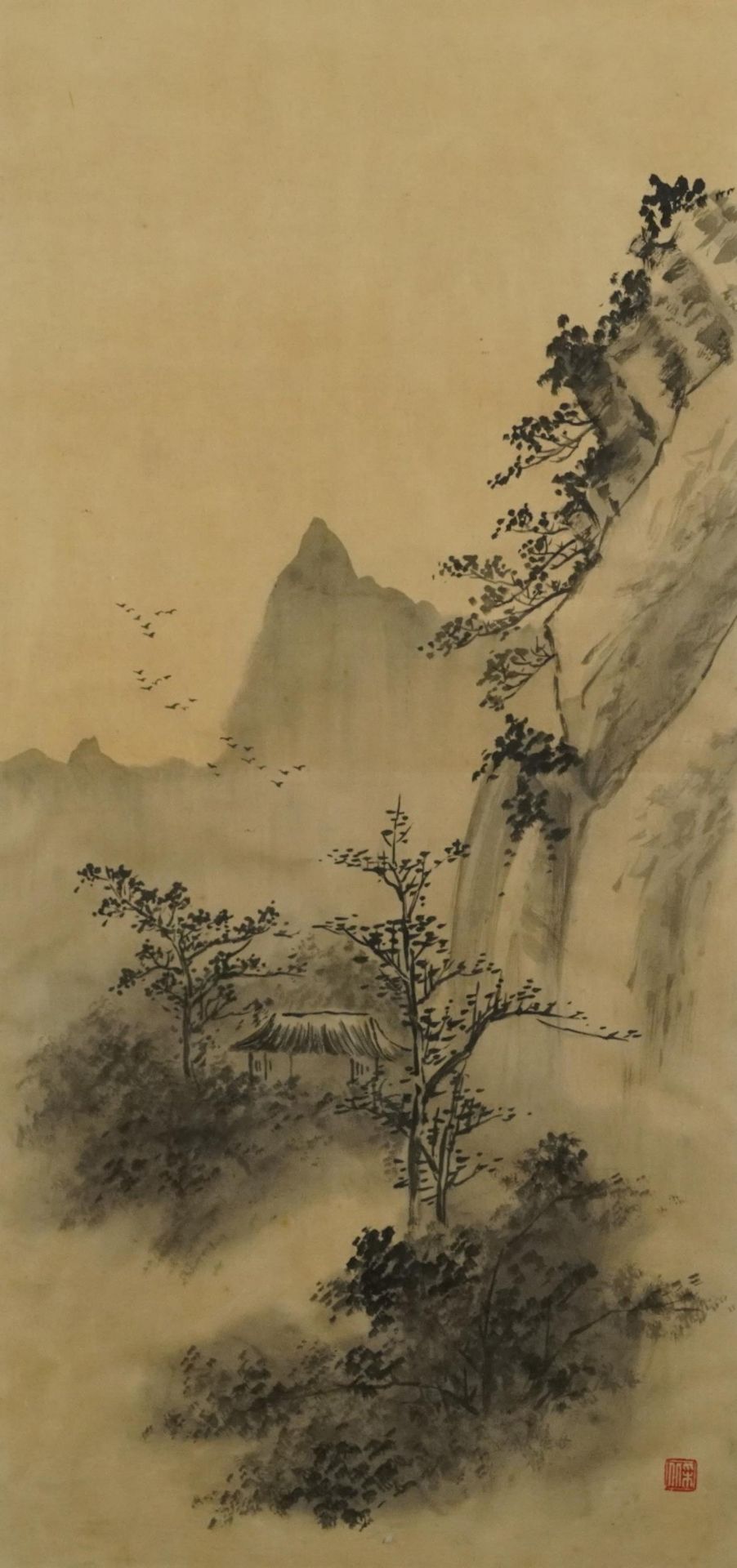 Mountainous landscape with trees, Chinese ink and watercolour with red seal mark, mounted and