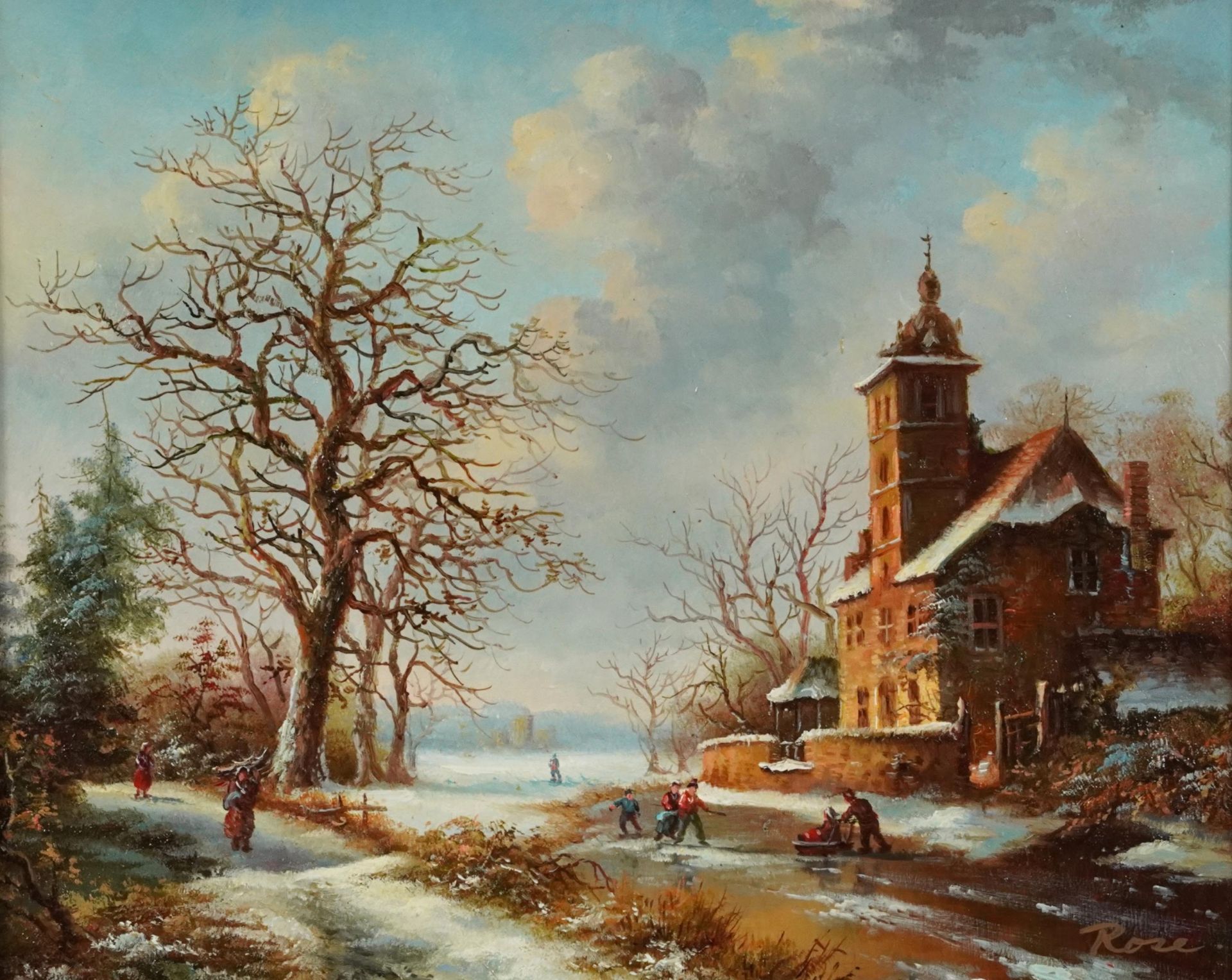 Dutch winter landscape with figures skating, oil on board, framed, 24cm x 19cm excluding the frame