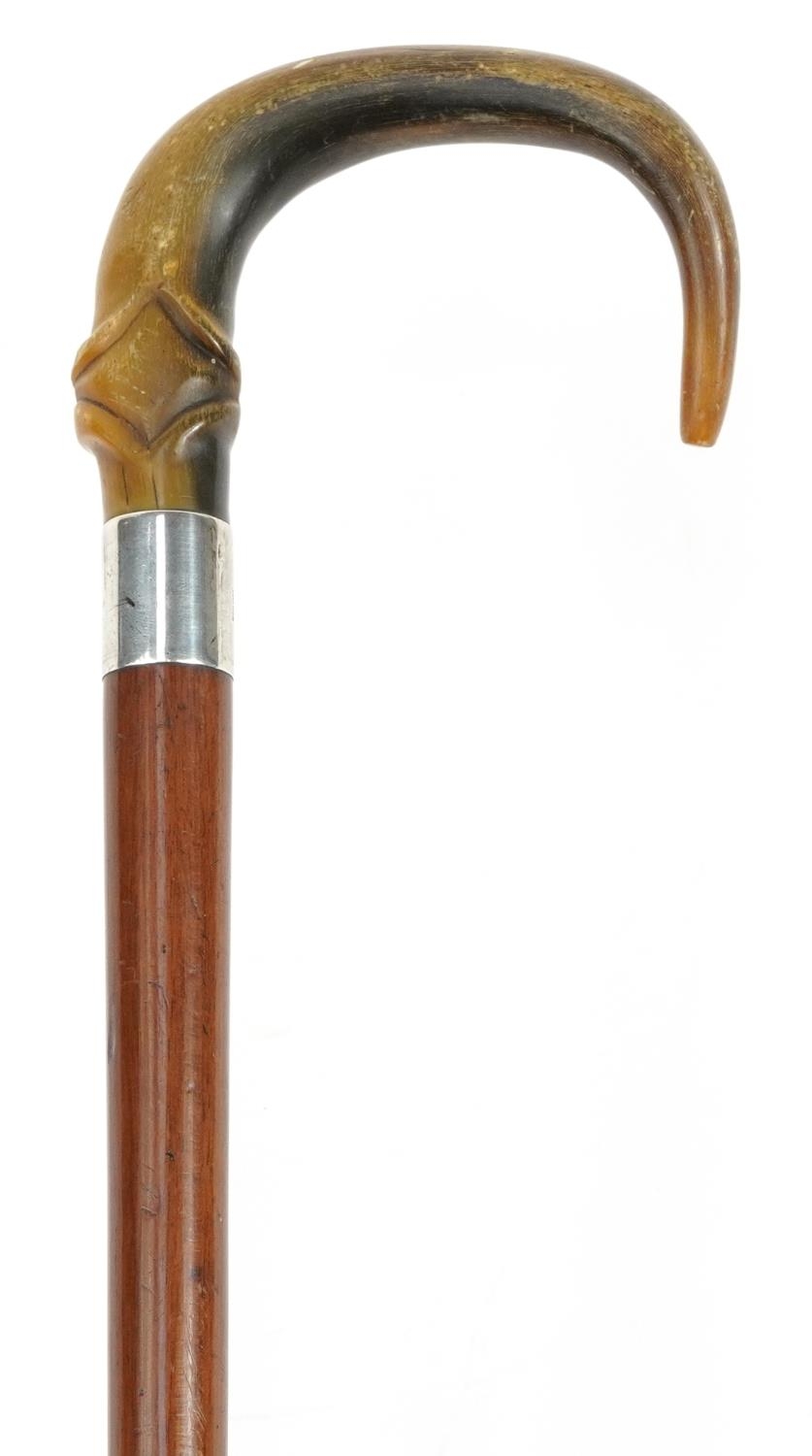 Wooden walking stick with carved horn handle and silver collar impressed Ben Cox London, J C maker's