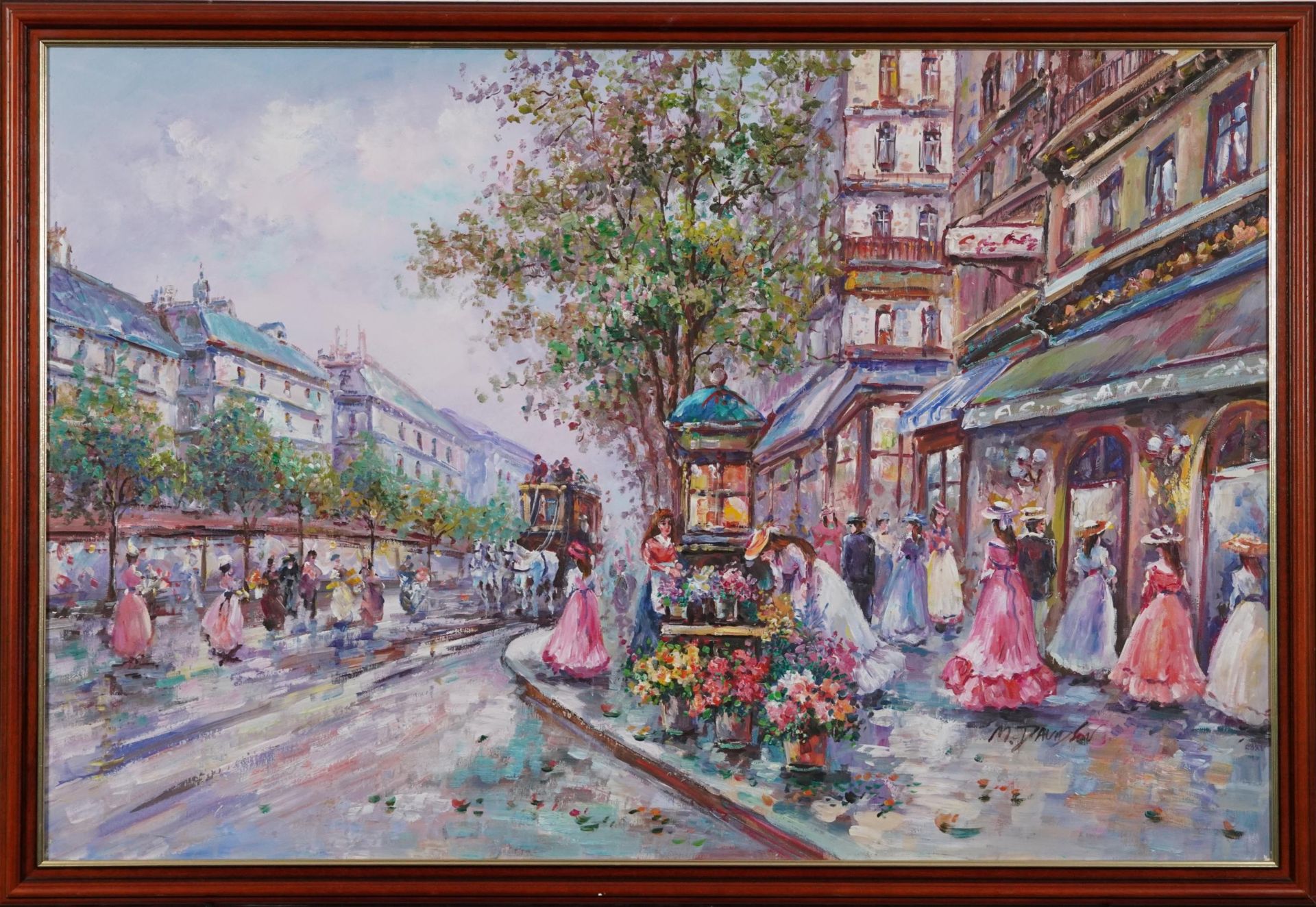 Parisian street scene with horse drawn cart, oil on canvas, framed, 91cm x 60cm excluding the frame - Bild 2 aus 4