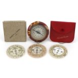 Three Negretti & Zambra pocket weather forecasters and a desk compass with faux tortoiseshell mount,