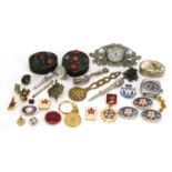 Objects including Russian enamelled badges, trinkets and a vintage Buler gentlemen's wristwatch