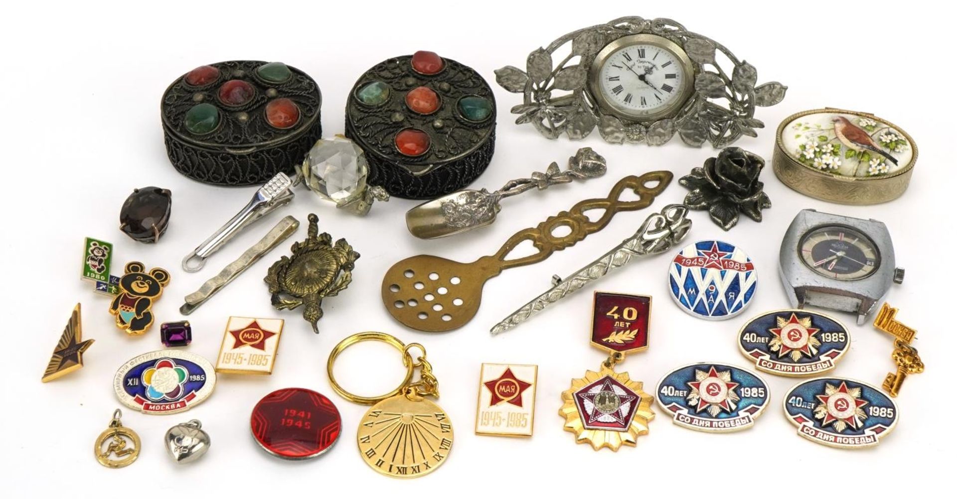Objects including Russian enamelled badges, trinkets and a vintage Buler gentlemen's wristwatch