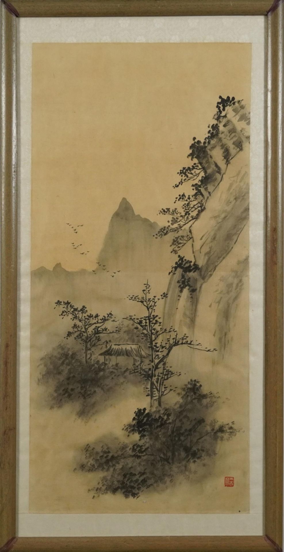 Mountainous landscape with trees, Chinese ink and watercolour with red seal mark, mounted and - Image 2 of 4