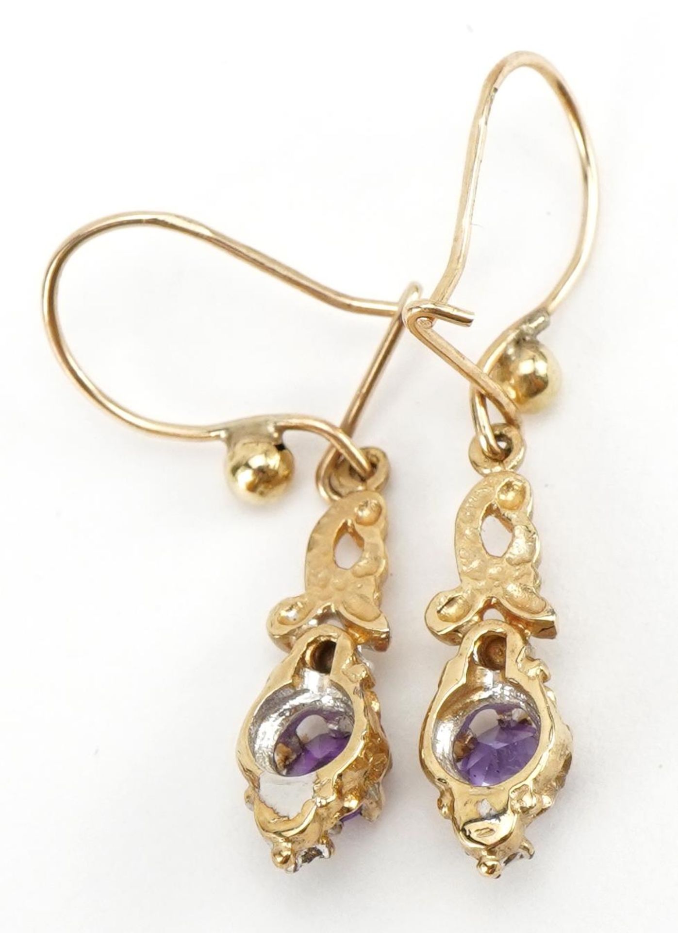 Pair of 9ct gold amethyst and diamond drop earrings, 2.1cm high, 1.9g - Image 2 of 2