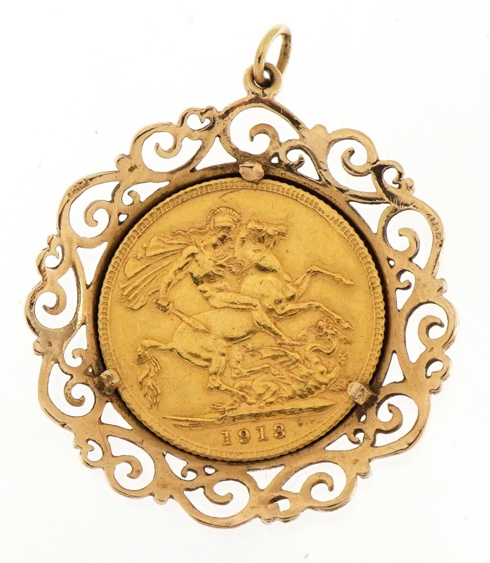 George V 1913 sovereign in 9ct gold pendant mount, 3.5cm high, total 11.6g - Image 2 of 2