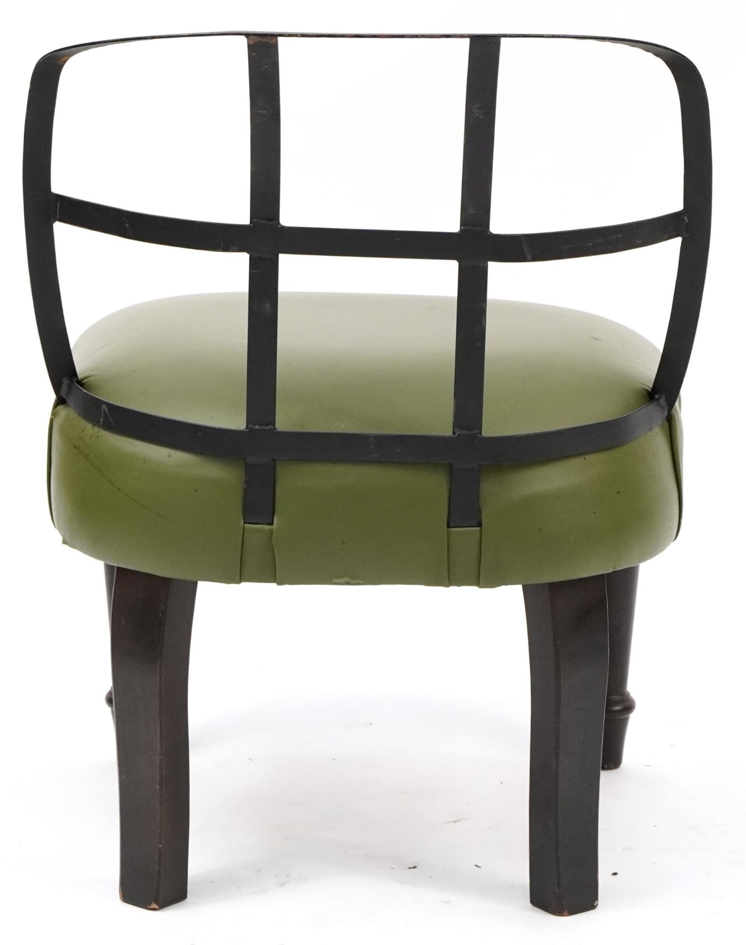 Industrial style wrought iron chair with green leather upholstered seat on turned mahogany legs, - Bild 3 aus 3