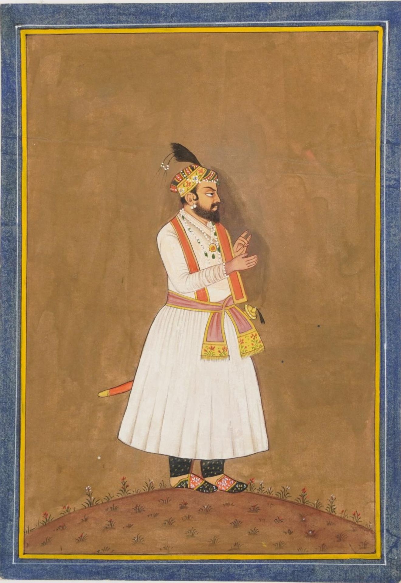 Portrait of a gentleman wearing traditional dress, Indian Mughal school watercolour on card, - Image 2 of 3