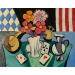 Still life with playing cards, semi abstract French school oil on canvas, mounted and framed, 59cm x