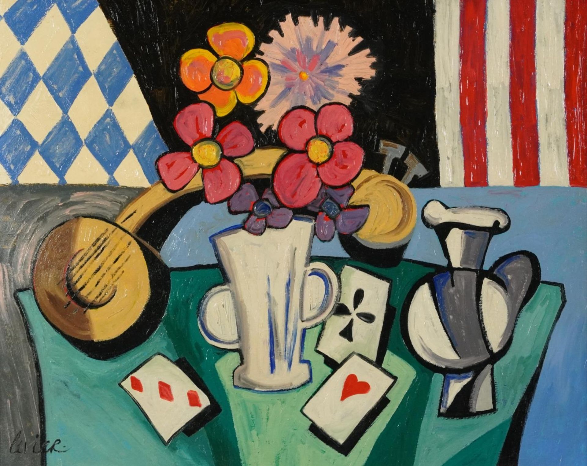 Still life with playing cards, semi abstract French school oil on canvas, mounted and framed, 59cm x