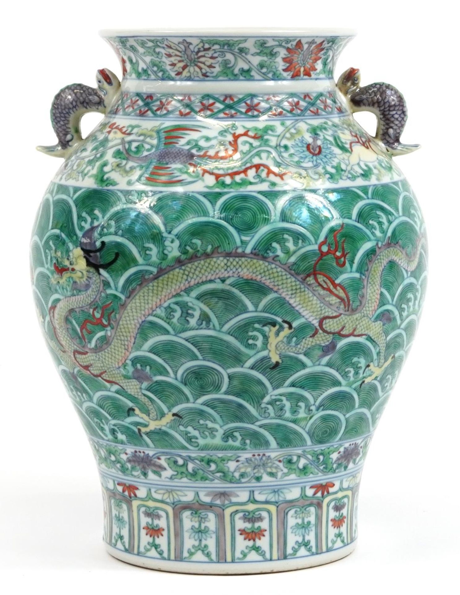 Large Chinese doucai porcelain vase with twin animalia handles, hand painted with dragons chasing