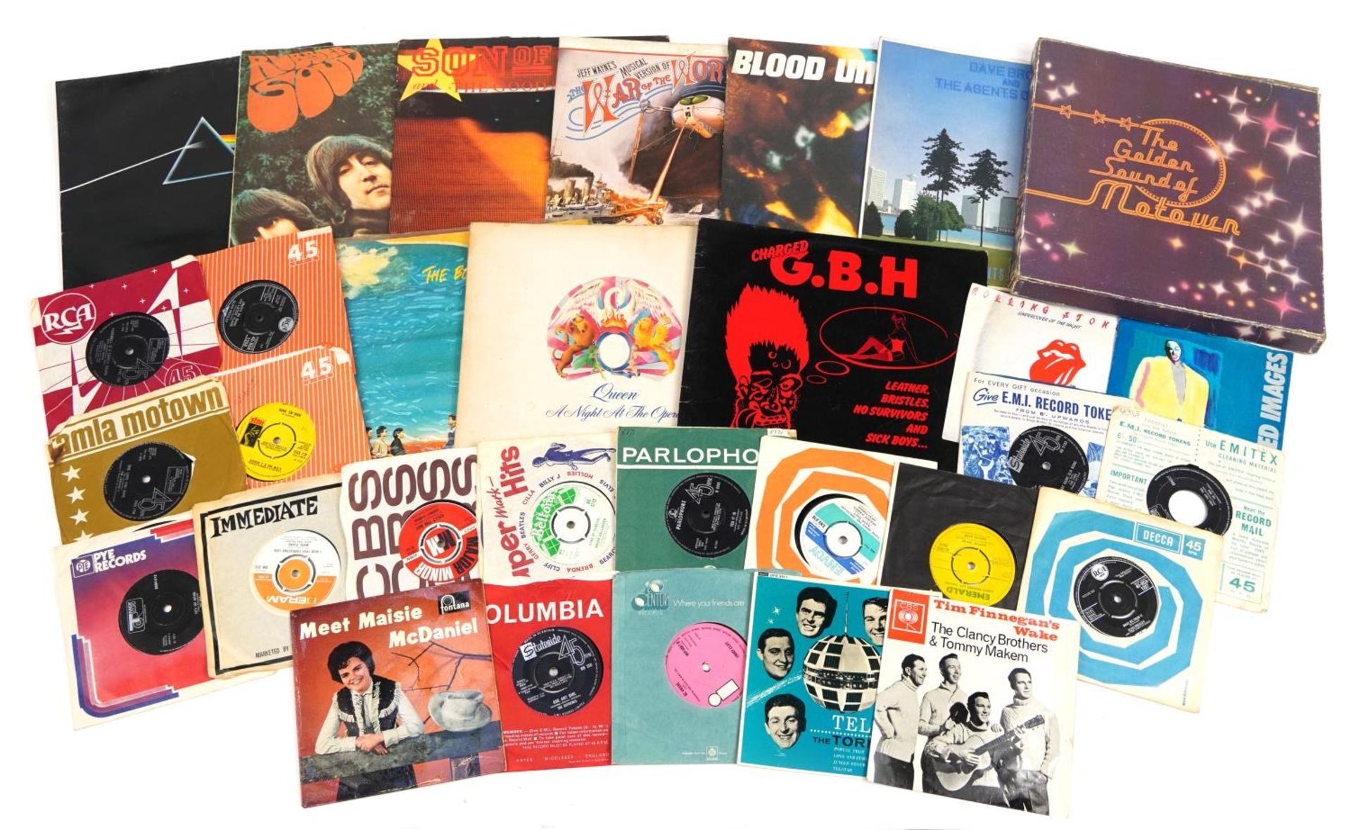 Vinyl LP records and 45rpms including The Beatles, Pink Floyd, Blood Uncles, The Agents of Chaos and