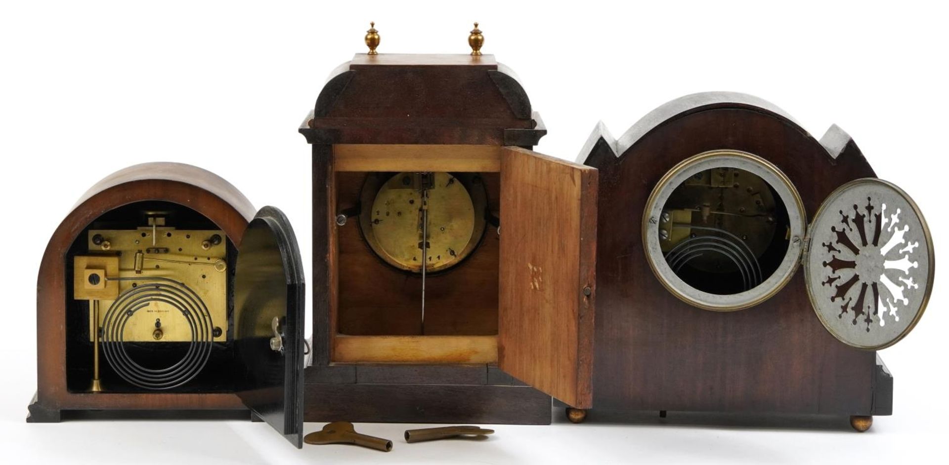 Three mahogany cased mantle clocks, one with abalone inlay, the largest 27cm high - Image 3 of 3