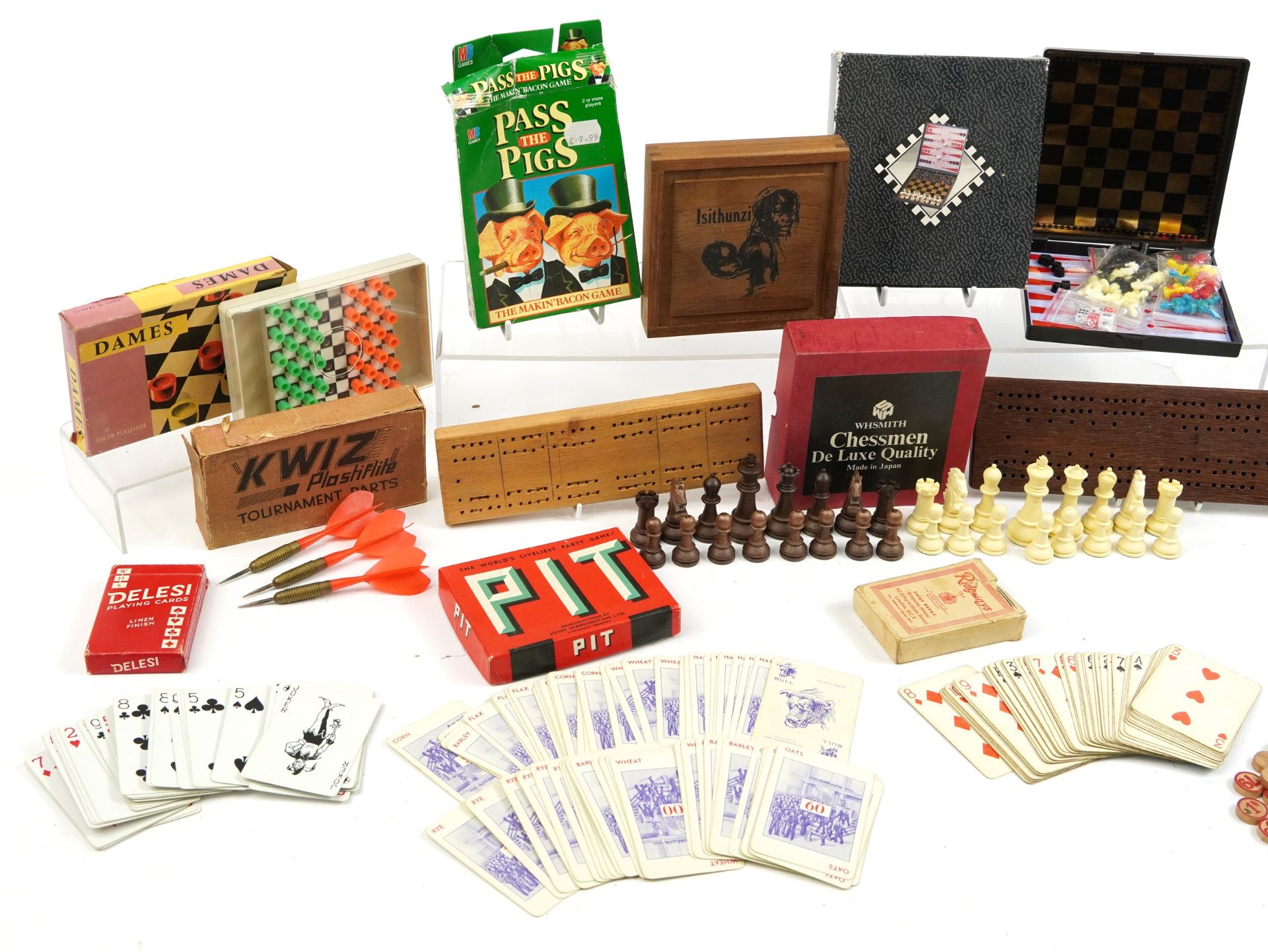 Selection of vintage games including wooden boxed bone Dominoes, Draughts, Chess, darts and cards - Image 2 of 3