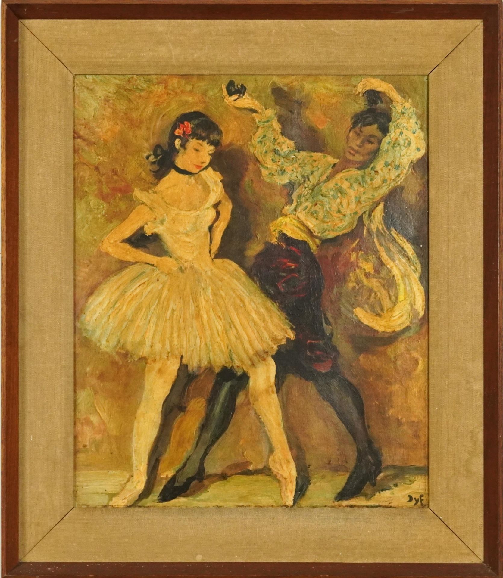 Manner of Marcel Dyf - Two females dancing, oleograph, bearing an E Stacy Marks Gallery label verso, - Image 2 of 4