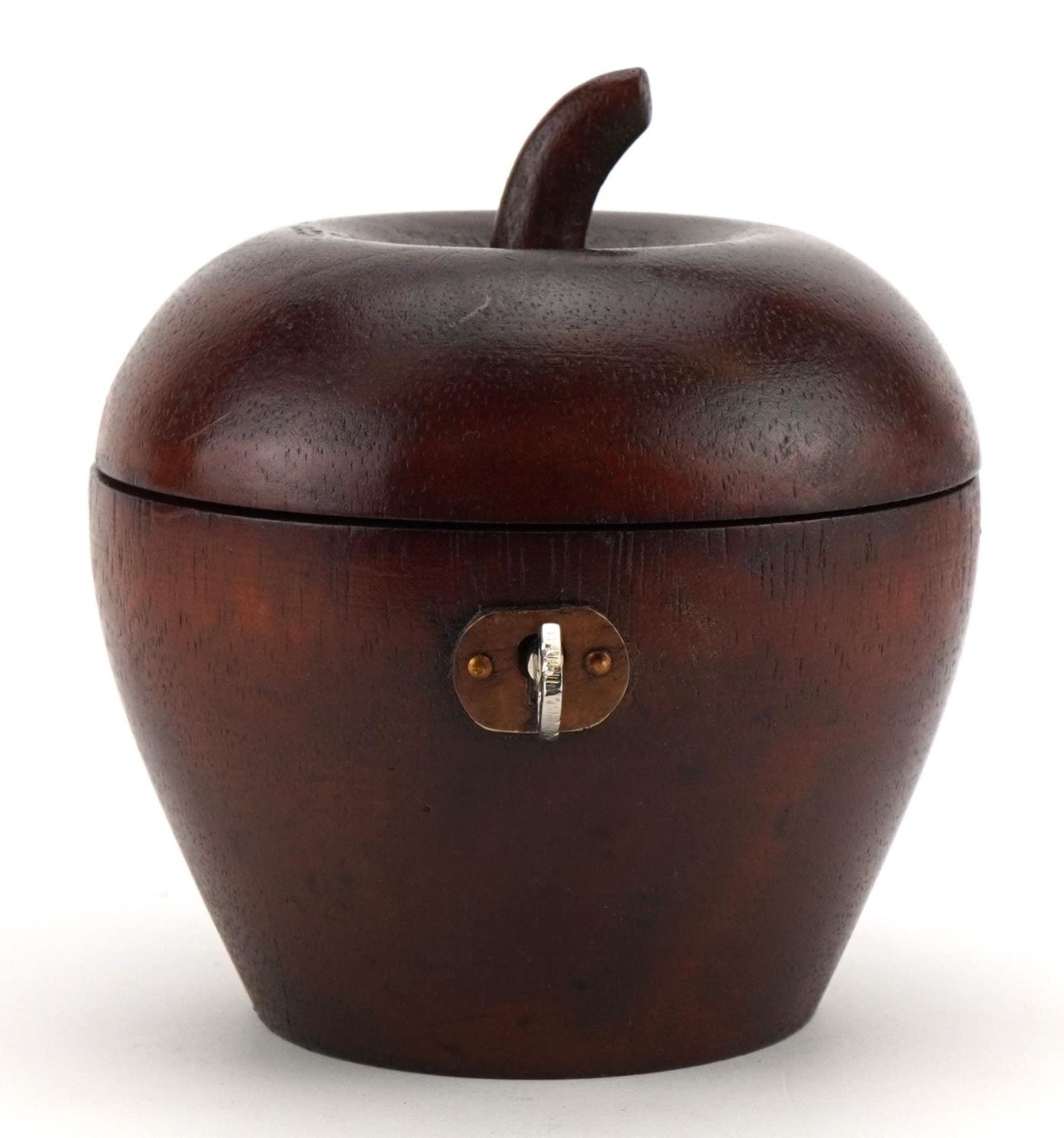George III style carved treen tea caddy with key in the form of an apple, 12cm high