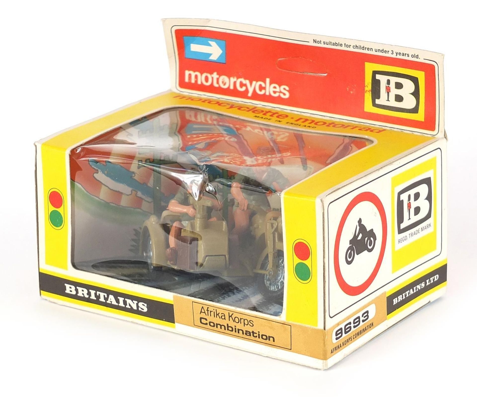 Britains diecast model of British World War II Africa Corps combination motorbike with box, numbered