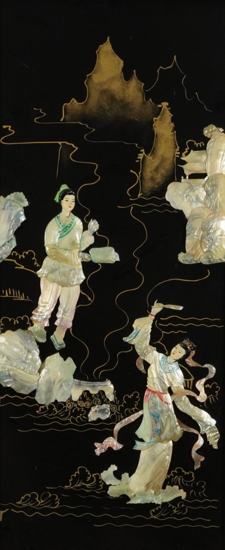 Figures and pagodas, Chinese mother of pearl relief panel, 90cm x 40cm