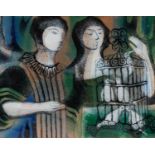 Scandinavian design rectangular enamelled plaque hand painted with two figures on a teak back,