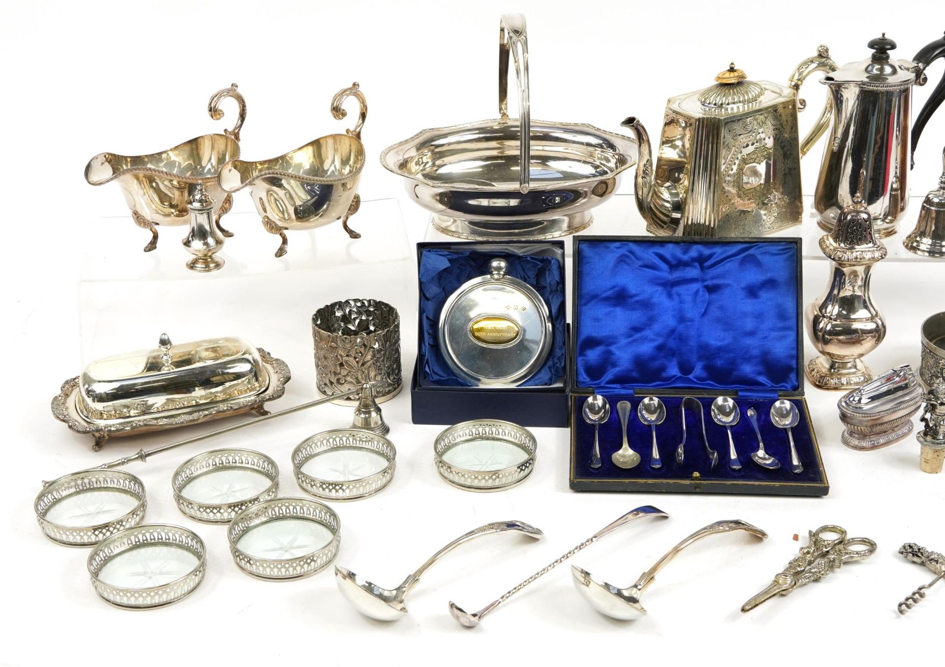 Silver plated items including swing handled basket, coasters, sugar sifter and pair of sauceboats - Image 2 of 3